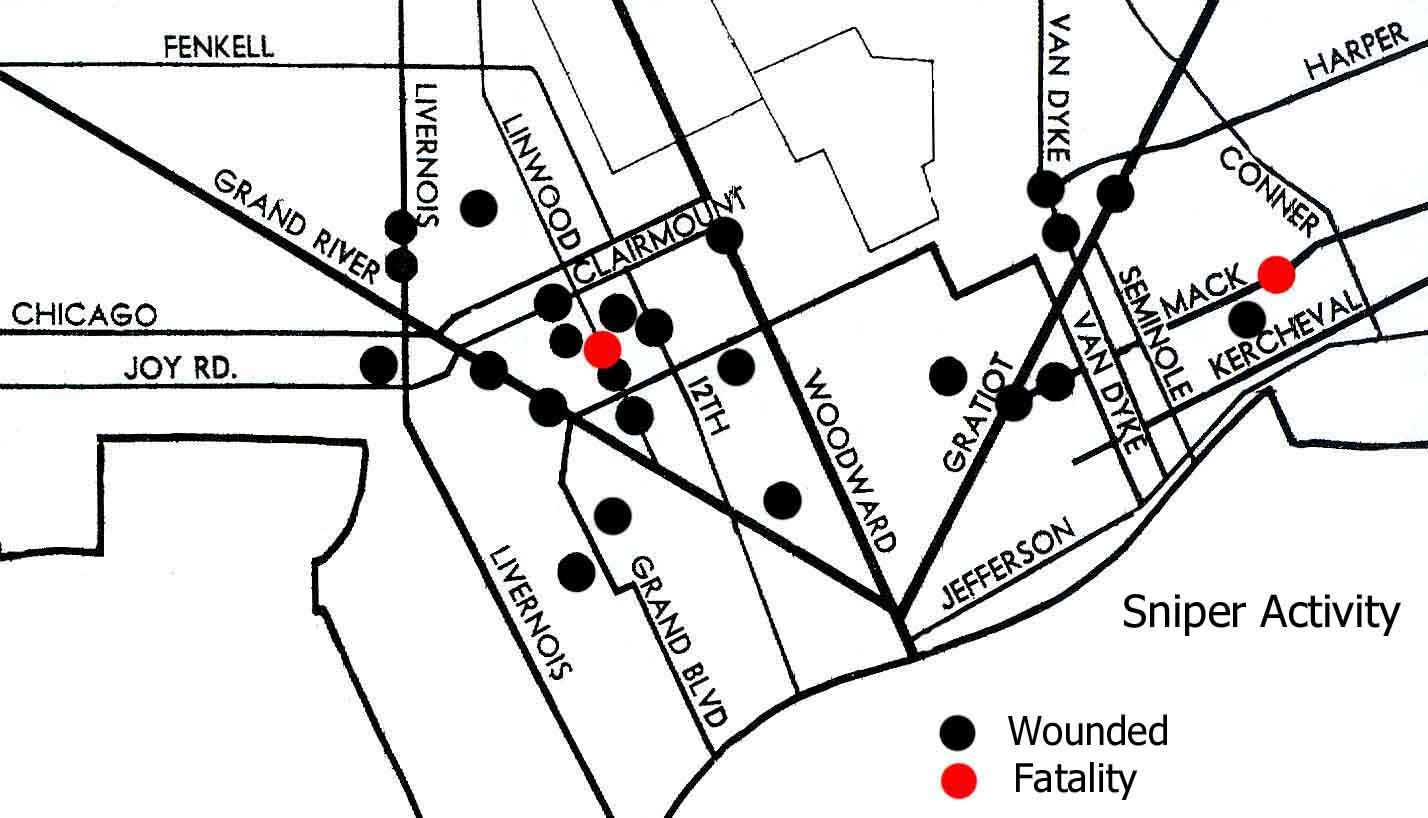 Detroit riot; sniper activity; map